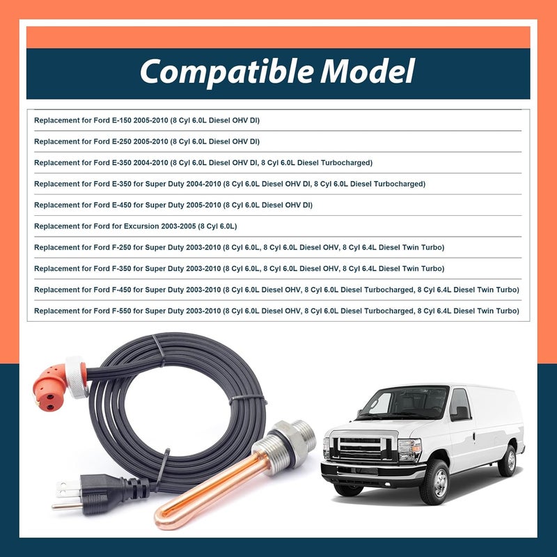 Lisnhlin 3C3Z-6A051-AA Engine Block Heater Element with O-ring seal and Cord Replacement for Ford F250 F350 F450 F550 for Super Duty E150 E250 E350 E450 for Econoline Van for Excursion for Powerstroke - Image 3